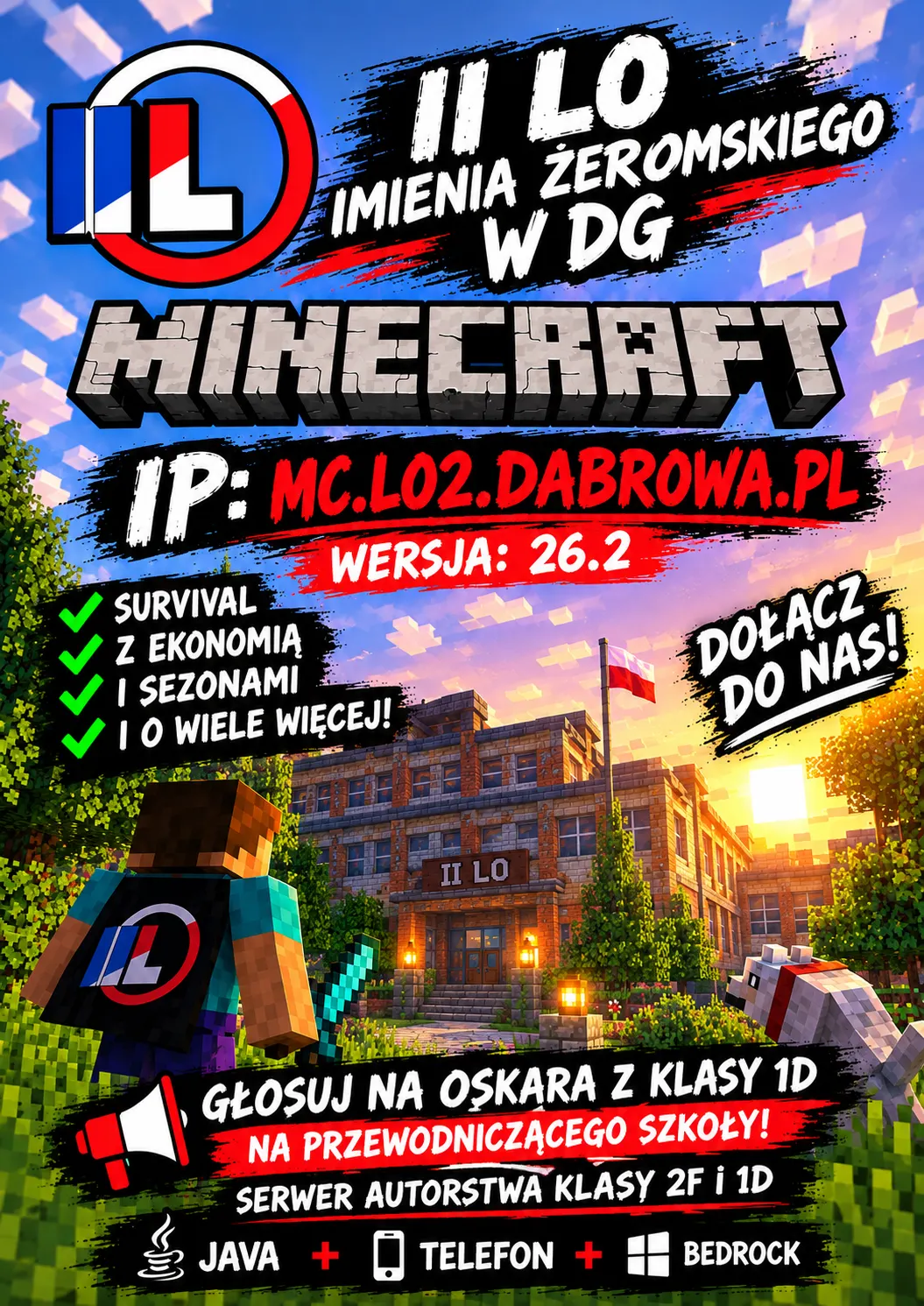Minecraftowa szkoła o zachodzie słońca